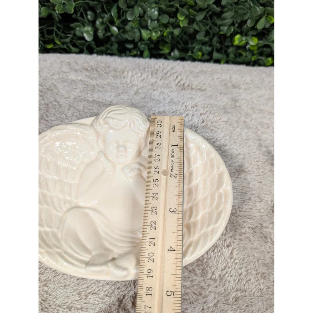 Vintage Cream Ceramic Cherub Angel Soap Dish Peach Tone Winged Decorative Tray